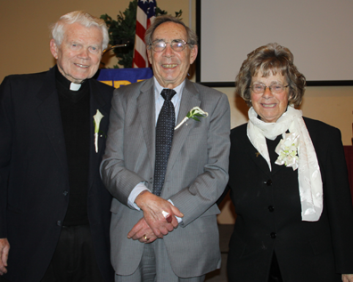 Dr. Geiger honored: Father George Carrigg, Dr. H. Jack Geiger, and Sister Elizabeth Calcagni
